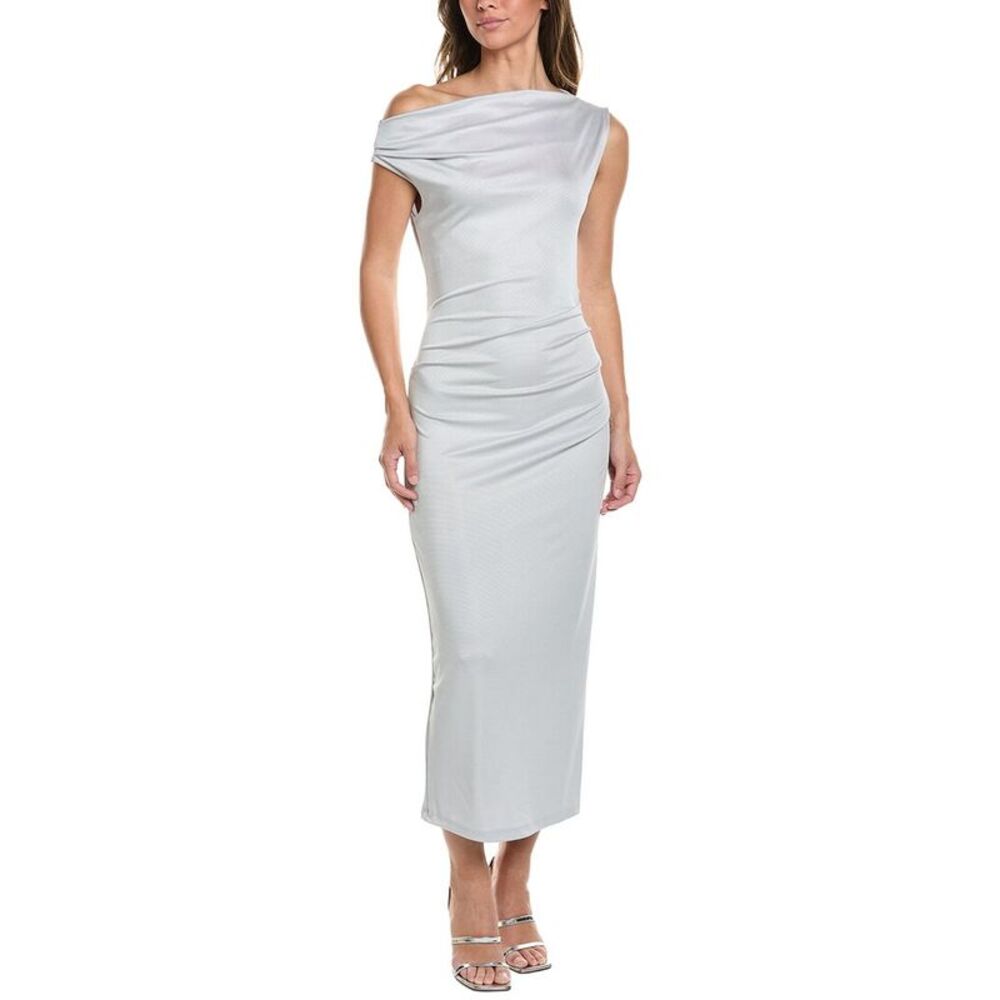 Kenneth Cole Womens  Off Shoulder Ruched Waist Midi Dress, Gray